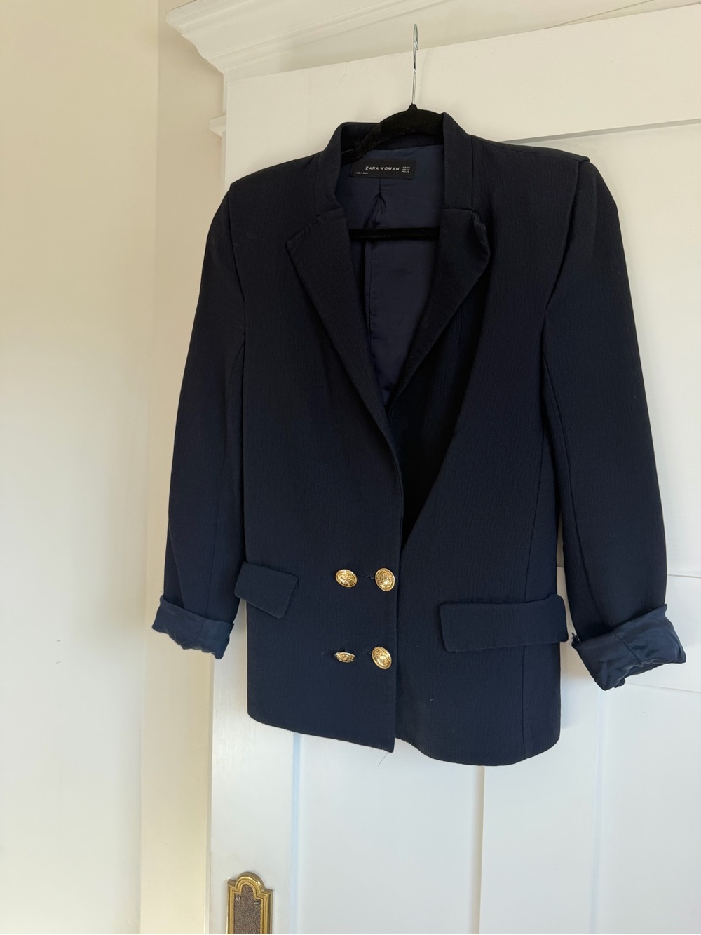 Zara Navy Textured Double-Breasted Blazer with Gold Buttons